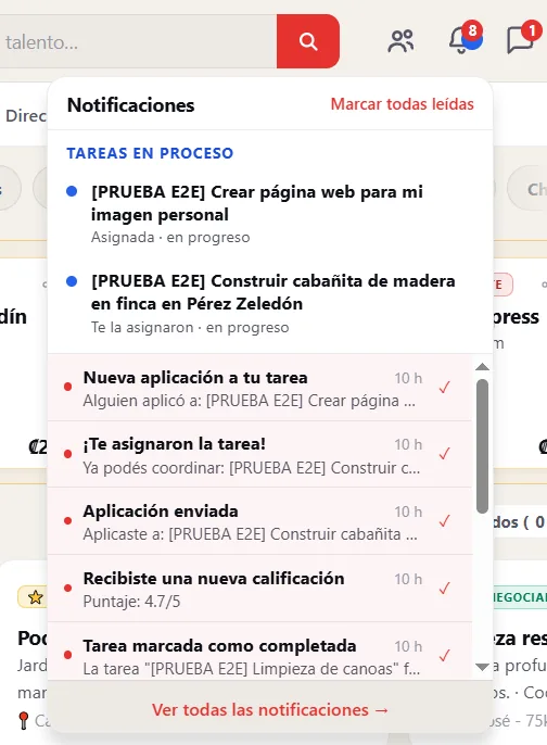La campana: arriba, tus tareas en proceso; abajo, los avisos.