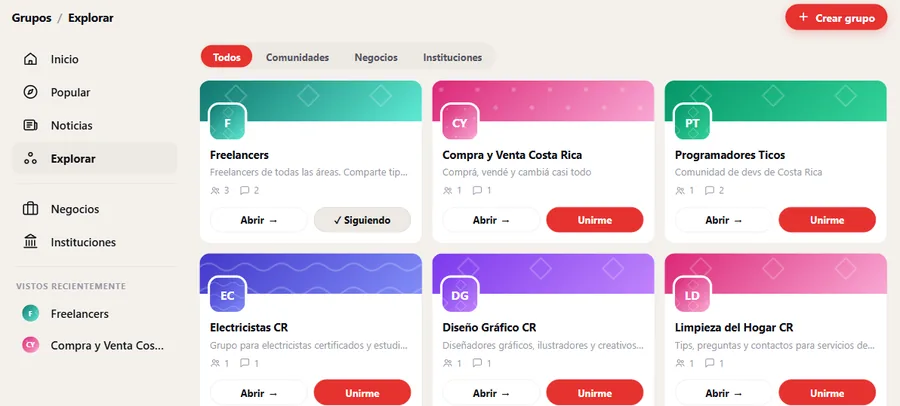 Grupos → Explorar: filtrá por tipo y unite a los que te interesen.