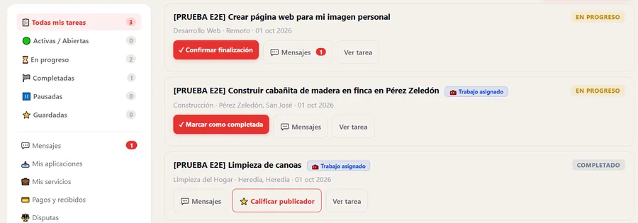 Mis tareas: cada tarjeta muestra el estado y la acción que te toca (confirmar, marcar como completada o calificar).