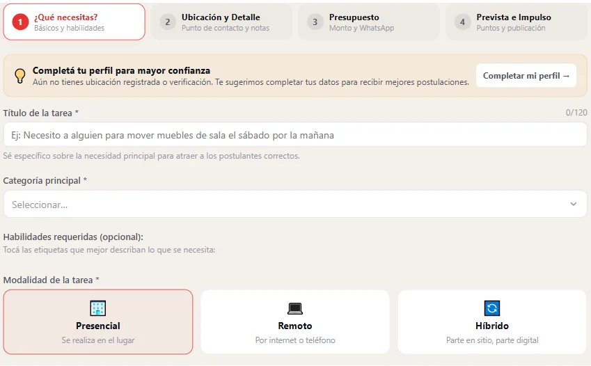 Paso 1 del asistente: título, categoría, habilidades y modalidad.