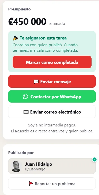 Panel de la tarea: acción del momento y botones de contacto.